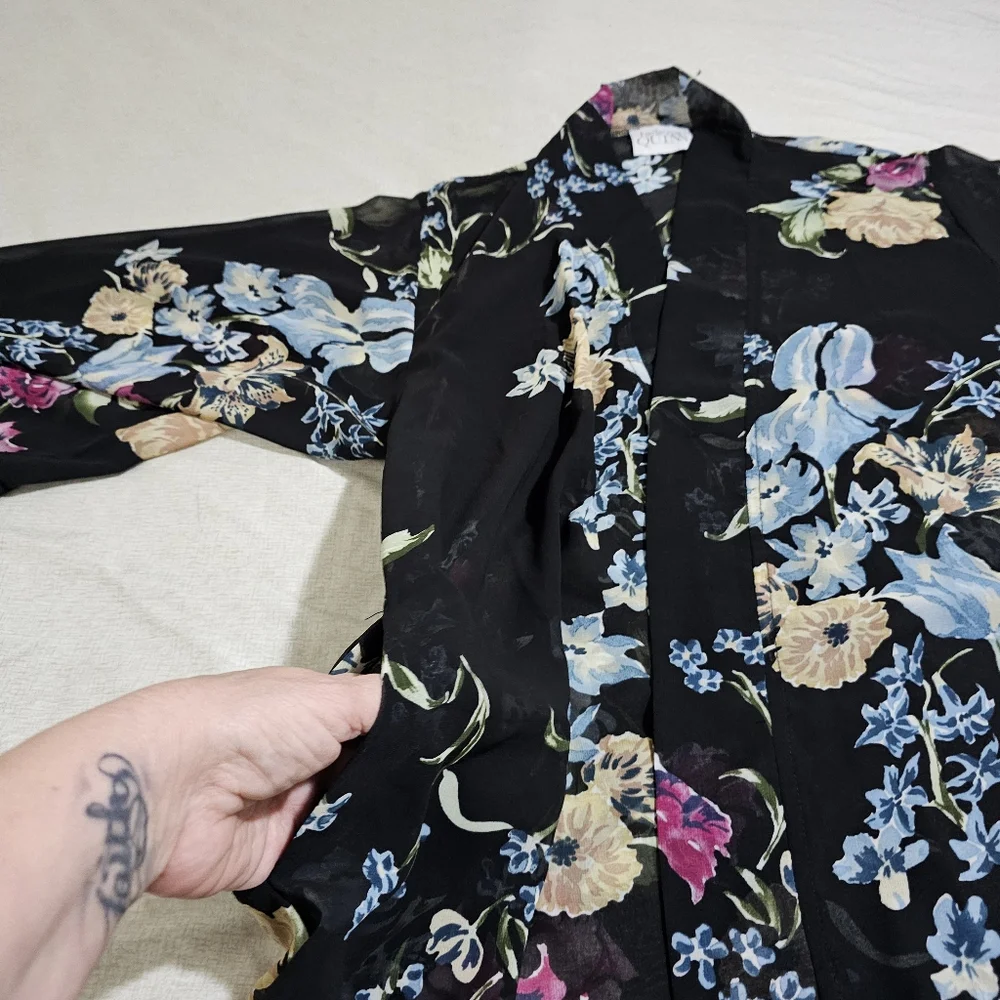 helena Quinn Georgette Kimono Coverup Sheer Black Floral One Size Fits All - Picture 11 of 16